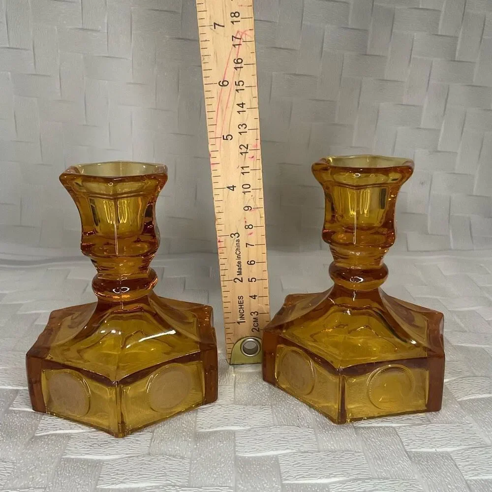 Set of 2 Vintage Amber Fostoria Coin Glass Candle Stick Holders 5” 4.5 INCH TALL